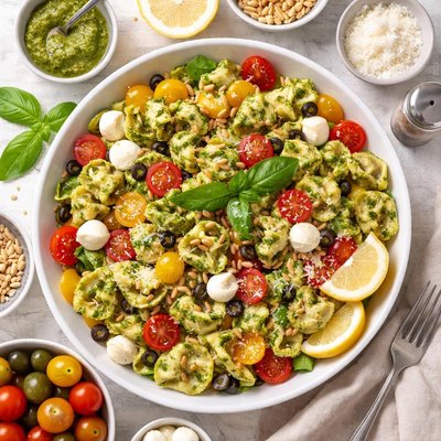 Image of Pesto Tortellini Salad with Grape Tomatoes