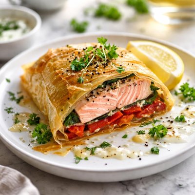 Image of Phyllo Wrapped Salmon with Roasted Red Peppers