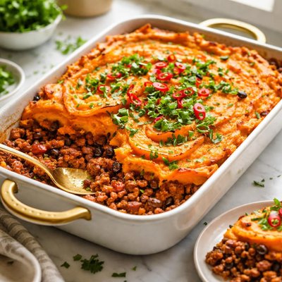 Image of Picadillo Pie Topped with Sweet Potato