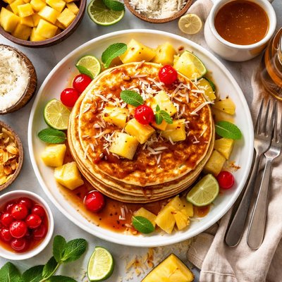 Image of Pina Colada Pancakes with Rum Sauce