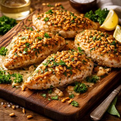 Image of Pine Nut Crusted Chicken with Garlic and White Wine