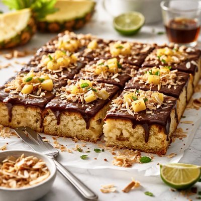 Image of Pineapple Coconut Sheet Cake with Rum and Chocolate Glaze