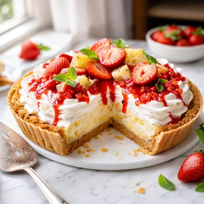Image of Pineapple Cream Pie with Strawberry Sauce