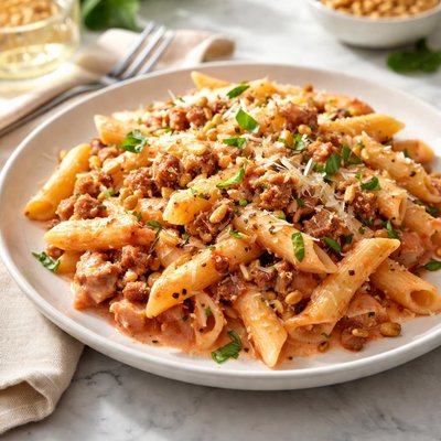 Image of Pink Sauce with Sausage and Pine Nuts Over Penne