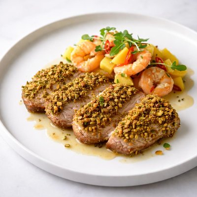 Image of Pistachio Crusted Pork Scaloppine with Mango Shrimp