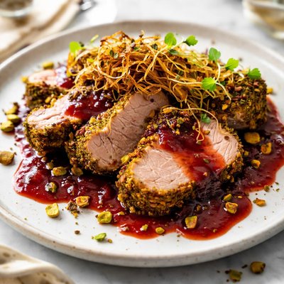 Image of Pistachio Crusted Pork with Plum Sauce and Fried Leeks