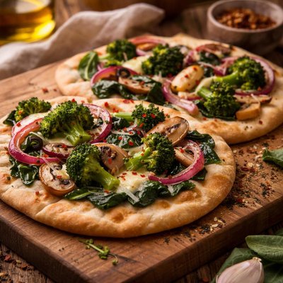 Image of Pita Pizza Spinach Broccoli Onion and Mushroom