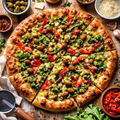 Image of Pizza with Escarole Roasted Peppers and Olives