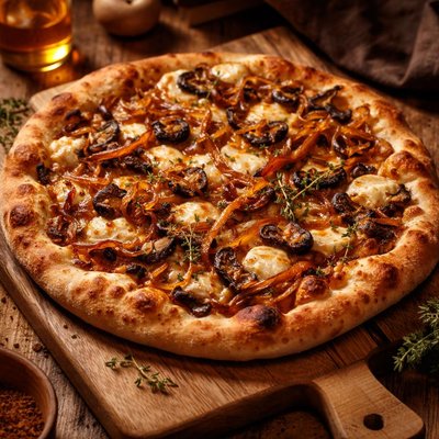 Image of Pizza with Honey Caramelized Onions Cheese and Mushrooms