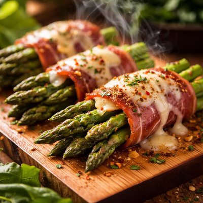 Image of Planked Asparagus Bundles with Cheese and Prosciutto