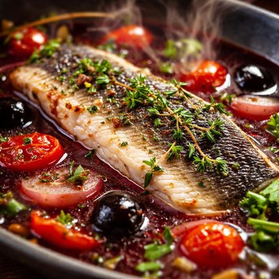 Image of Poached Bronzino in Herbed Red Wine Broth