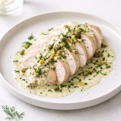 Image of Poached Chicken Breasts with Dill Pickle Sauce