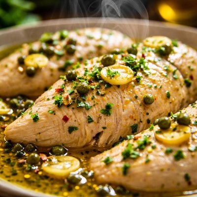 Image of Poached Chicken in Olive Oil Garlic and Green Peppercorn Sauce