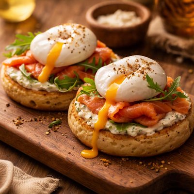 Image of Poached Egg and Smoked Salmon Crumpets