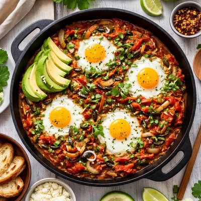 Image of Poached Eggs in a Tomato and Poblano Rajas Sauce