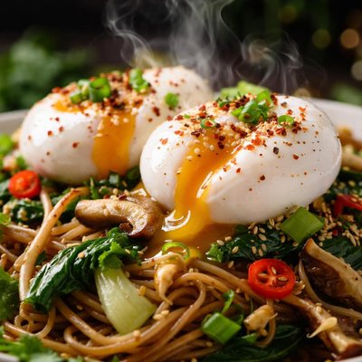 Image of Poached Eggs on Asiatic Bed