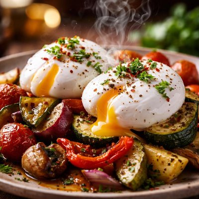 Image of Poached Eggs on Roasted Veggies