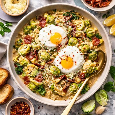 Image of Poached Eggs with Creamy Brussels Sprouts and Bacon