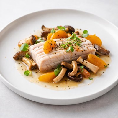 Image of Poached Mahi Mahi with Mushrooms and Apricots