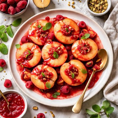 Image of Poached Peaches with Raspberry Sauce