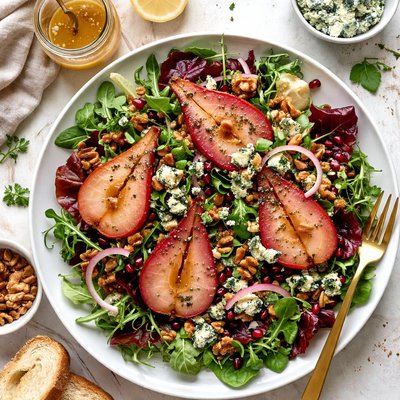 Image of Poached Pear Salad with Blue Cheese and Champagne Vinaigrette
