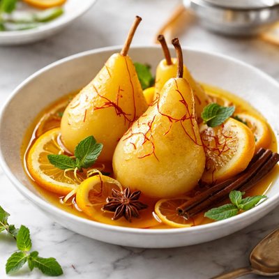 Image of Poached Pears in Saffron Citrus Syrup