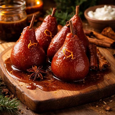 Image of Poached Pears with Gingerbread Cider Syrup