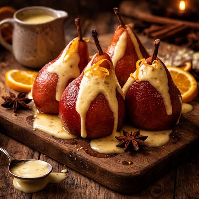 Image of Poached Pears with Grand Marnier Custard Sauce