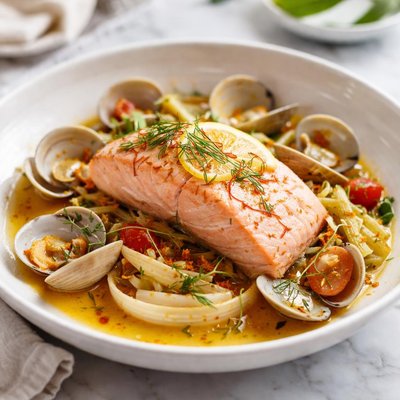 Image of Poached Salmon Swimming on Fennel with Saffron and Clams
