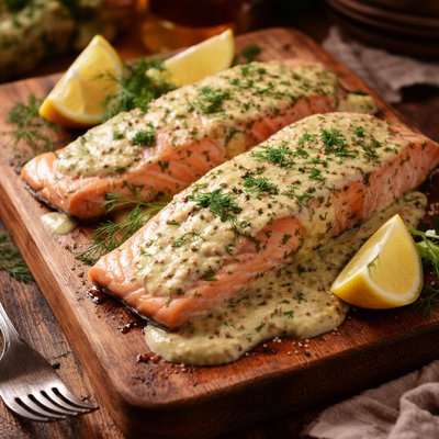 Image of Poached Salmon with a Mustard Dill Sauce