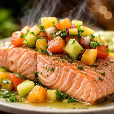 Image of Poached Salmon with Melon Salsa