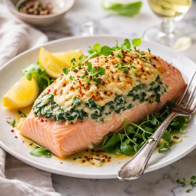 Image of Poached Salmon with Spinach and Cheese