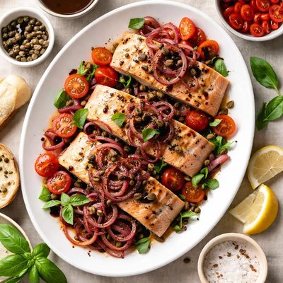 Image of Poached Salmon with Sweet Onions and Balsamic Vinaigrette