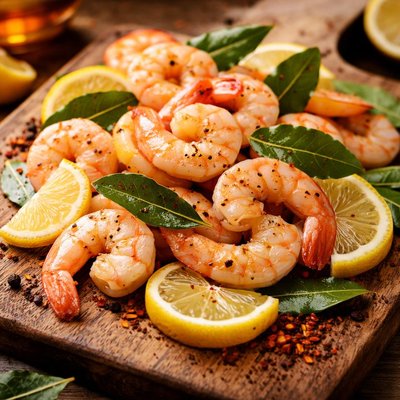 Image of Poached Shrimp with Bay Leaves and Lemon