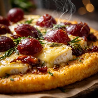 Image of Polenta Pizza with Brie and Red Grapes