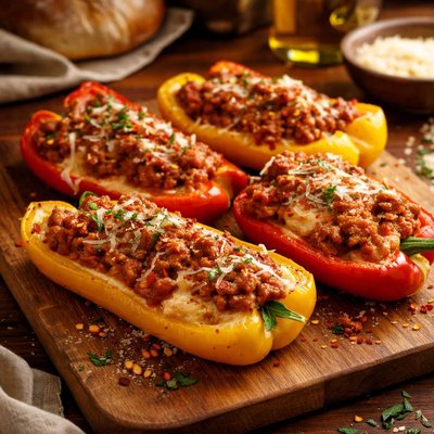 Image of Polenta Sausage Stuffed Pepper Gondolas Ragu
