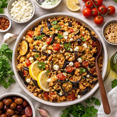 Image of Politiko Pligouri Me Melitzanes Greek Bulgur with Fried Eggpla