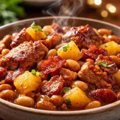 Image of Pork and Beans with Pineapple Bacon