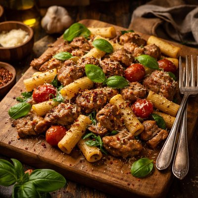 Image of Pork and Pasta with Garlic and Basil