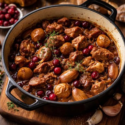 Image of Pork and Port Casserole with Cranberries Chestnuts and Shallots