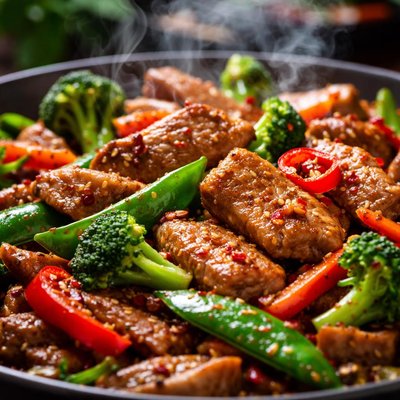 Image of Pork and Stir Fried Vegetables with Spicy Asian Sauce