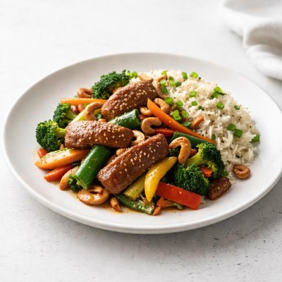 Image of Pork and Vegetable Stir Fry with Cashew Rice