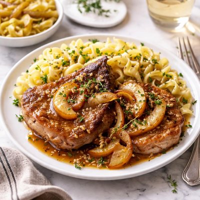 Image of Pork Chop and Apple Bake with Caraway Noodles