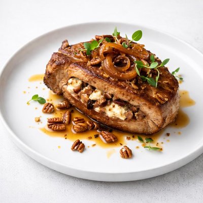 Image of Pork Chop Stuffed W Goat Cheese Pecans Caramelized Onions