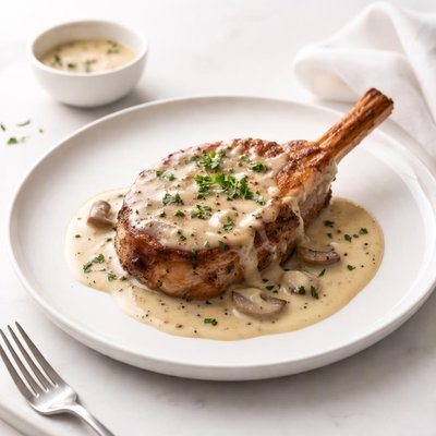 Image of Chuleta de cerdo sin lácteos con salsa gravy