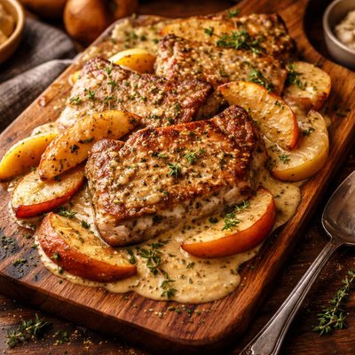 Image of Pork Chops and Apples in Mustard Sauce