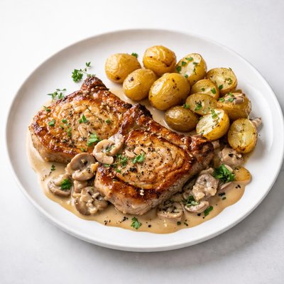 Image of Pork Chops and Potatoes in Mushroom Sauce