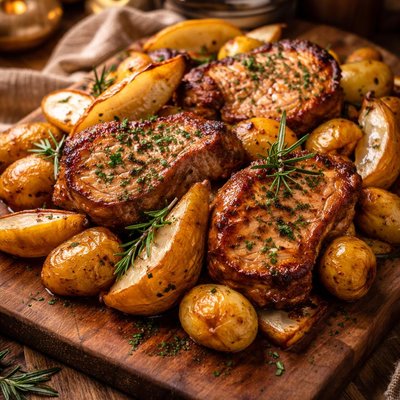 Image of Pork Chops Baked with Potatoes and Pears