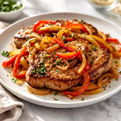 Image of Pork Chops Garnished with Peppers Onions