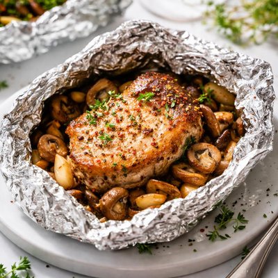Image of Pork Chops Mushrooms Baked in Foil